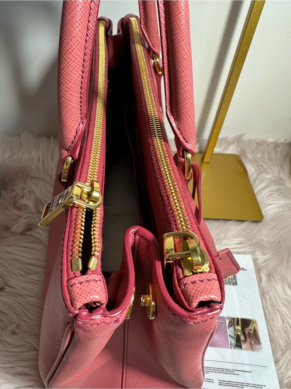Prada Pink Saffiano Leather Satchel with Gold Hardware